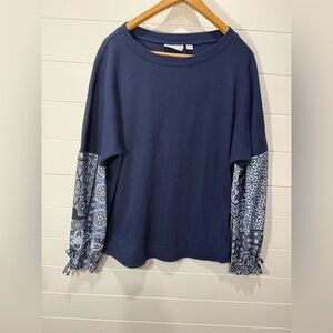 Belle Boho Women’s Large Navy Waffle Knit Top with Printed Blue Sleeve Panels